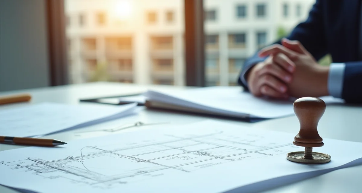 Disegni tecnici, timbro e penna su una scrivania con cantiere visibile dalla finestra