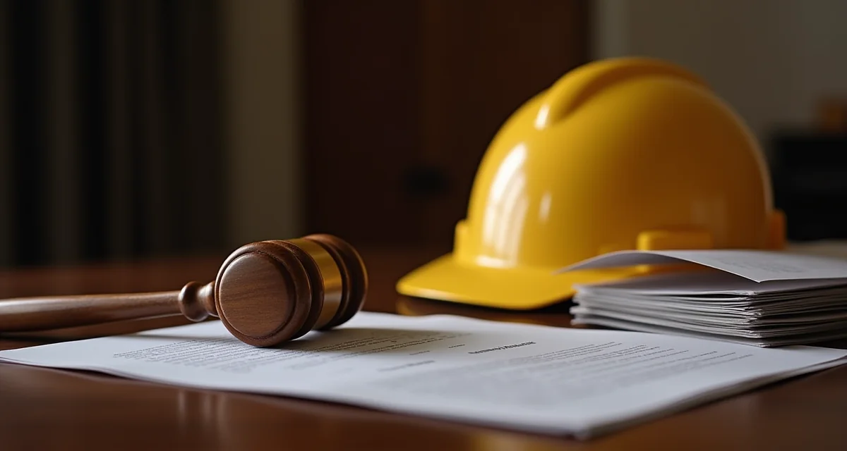 Martello da giudice su documenti contrattuali e casco edile in un contesto di contenzioso appalti