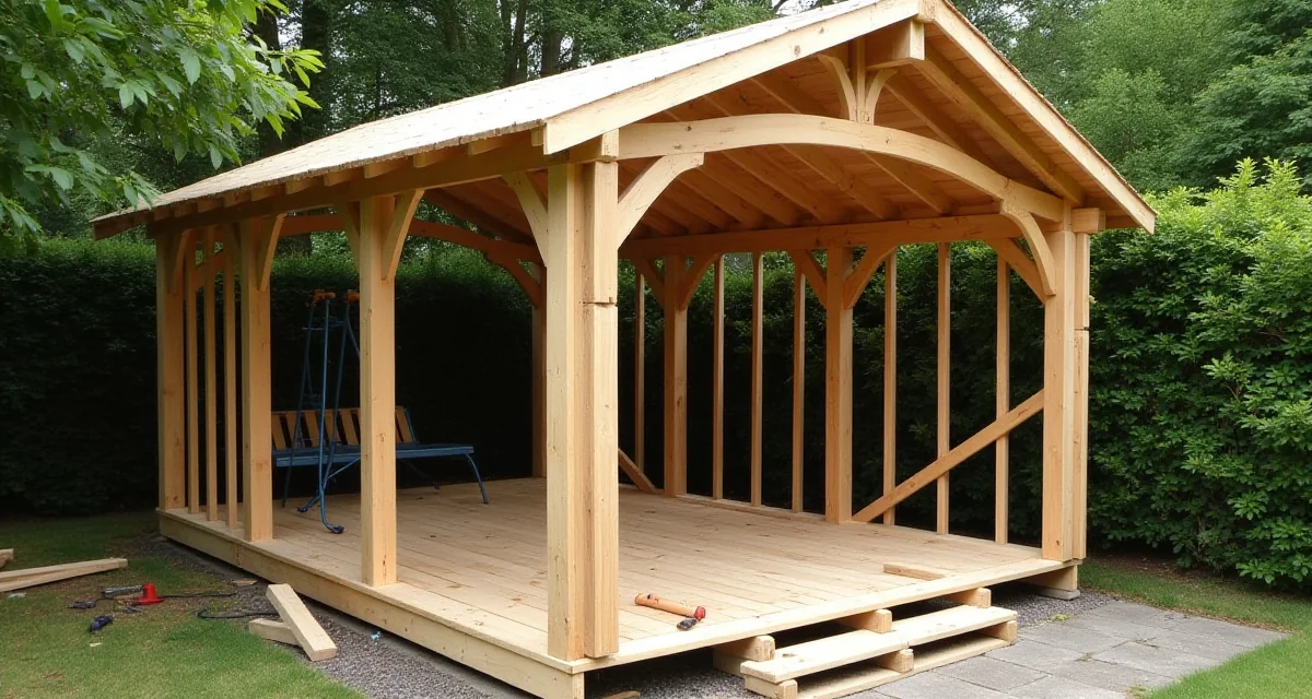 Gazebo in legno con tetto a falde in costruzione nel giardino, travi e paletti assemblati