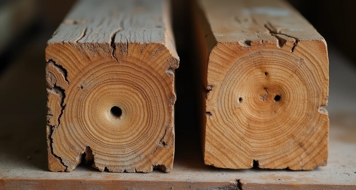 Confronto tra trave di legno con nodi e tarli e una nuova trave sana in un'officina