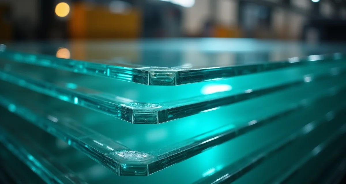 Pannelli di vetro trasparente impilati verticalmente in una fabbrica con luce che rifrange attraverso i bordi