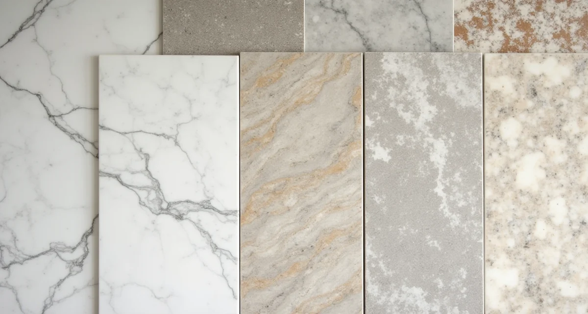Campione di lastre in marmo bianco Carrara, grigio Bardiglio, oro Calacatta, nero Marquina e rosso Verona disposti sul pavimento