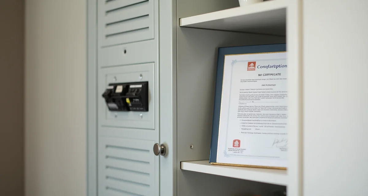 Pannello elettrico nuovo con interruttori e cartella del certificato di conformità su uno scaffale ordinato