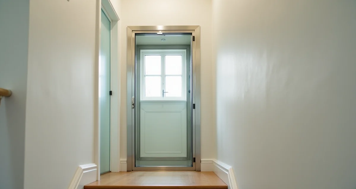 Ascensore domestico compatto in vetro installato nella scala di una casa bifamiliare con interni luminosi e moderni