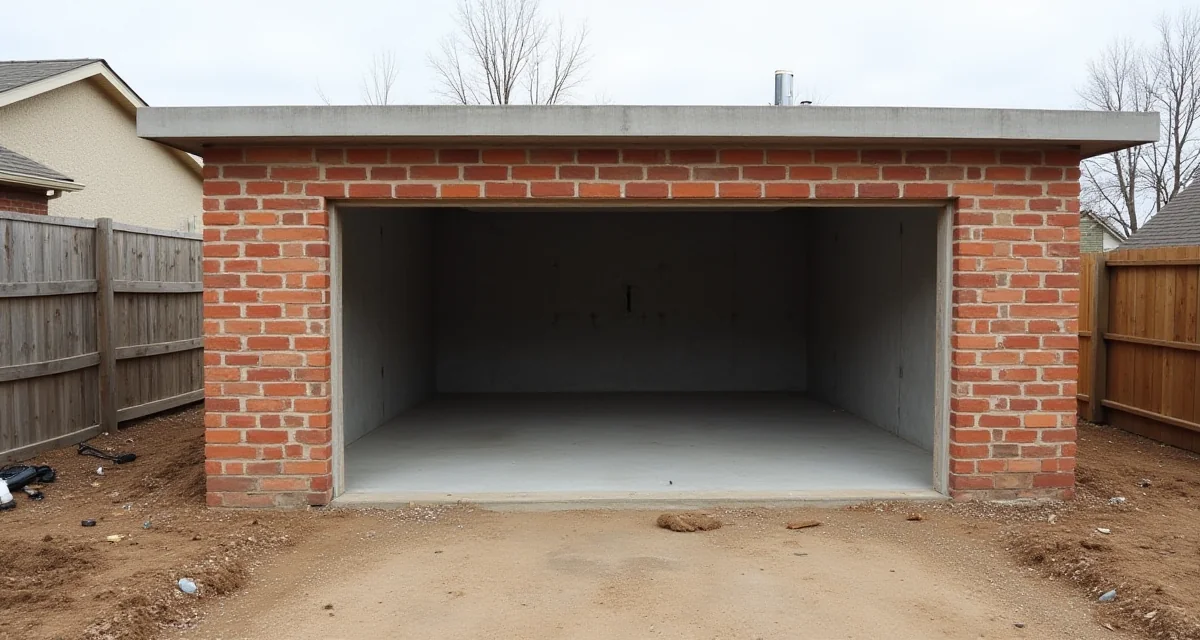 Garage in muratura per una vettura in fase di costruzione con muri in mattoni e solaio in calcestruzzo
