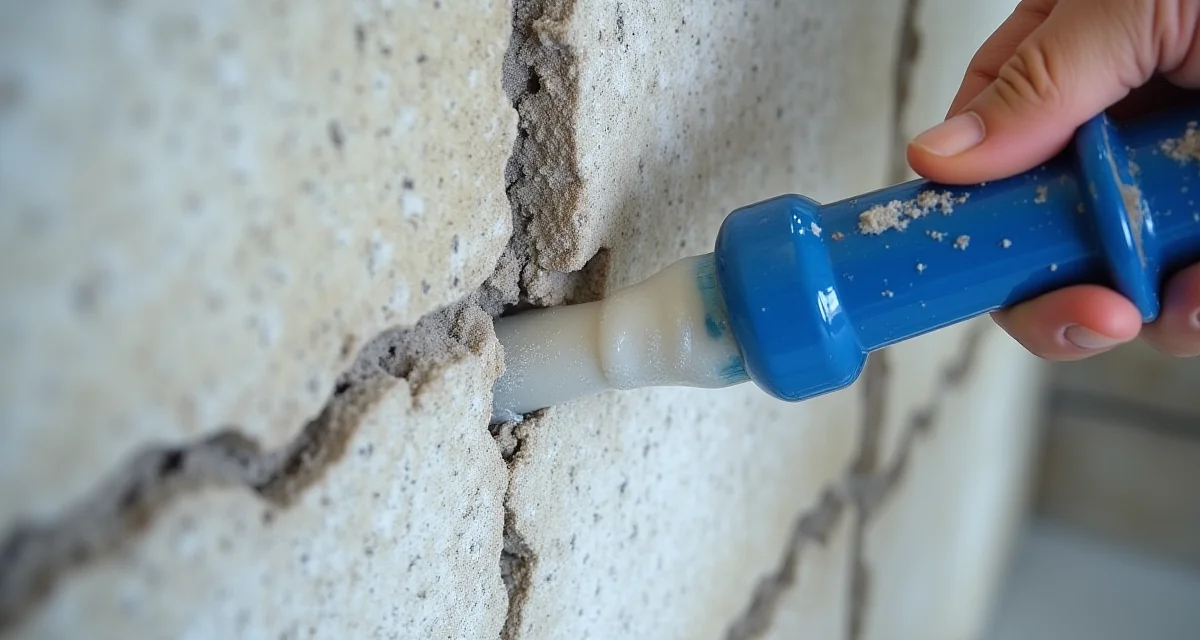 Iniezione di resina idroespansiva in una fessura del calcestruzzo con schiuma espansa che fuoriesce dai packer