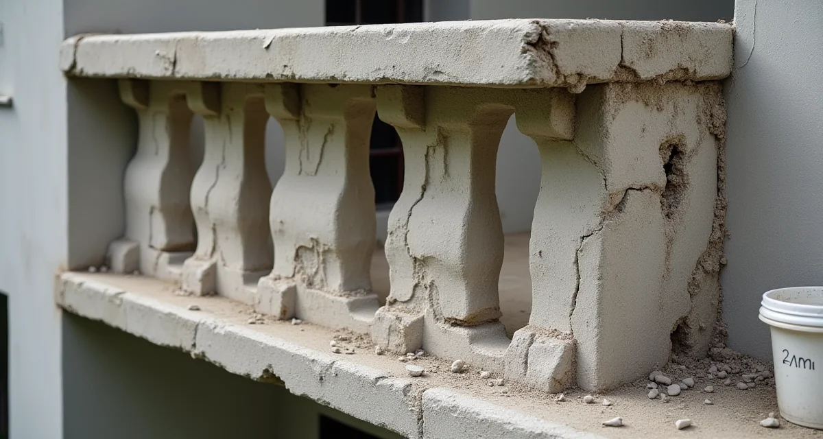 Balcone in calcestruzzo armato con tondini di acciaio arrugginiti e malta per riparazioni