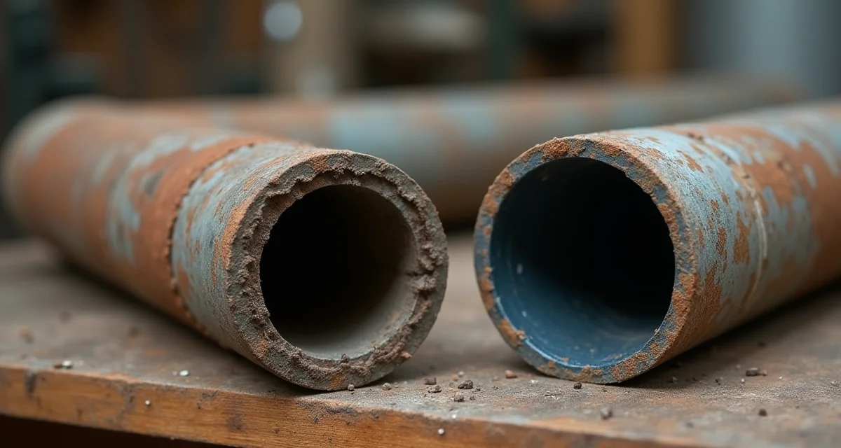 Tubi dell'acqua corrosi tagliati accanto a nuovi tubi con rivestimento interno in epossidico su un banco da lavoro
