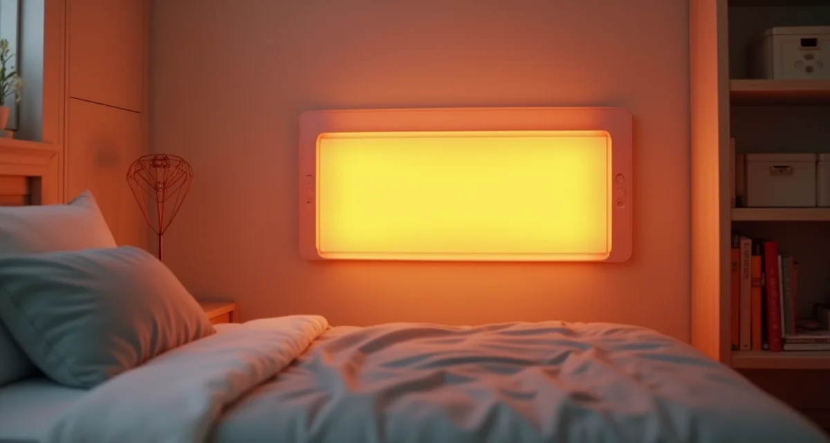 Pannello riscaldante a infrarossi bianco montato a parete in camera da letto con illuminazione calda e accogliente