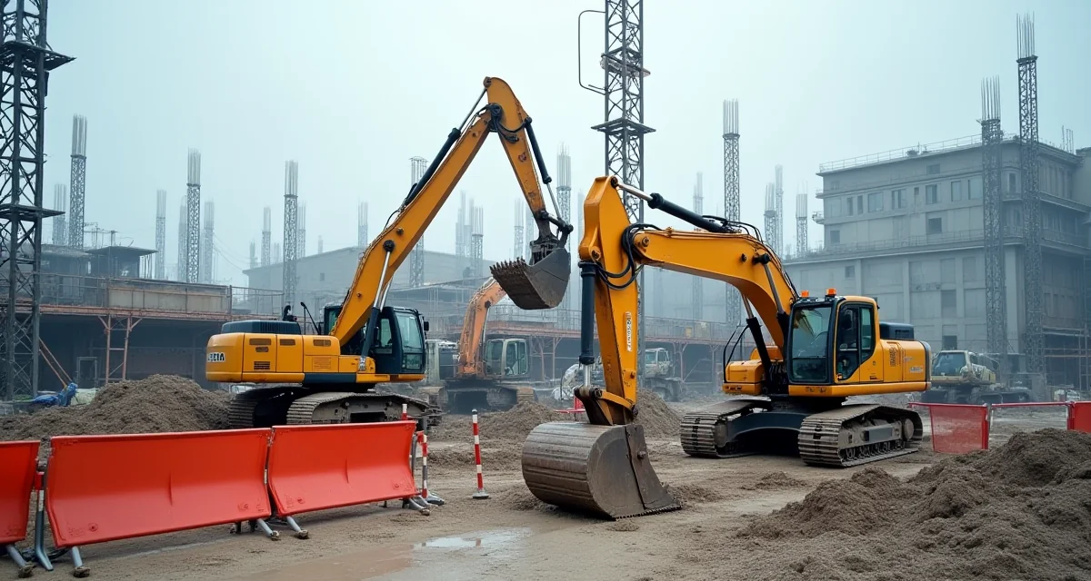 Cantiere affollato con escavatore, gru e impalcature in prossimità, recinzioni di sicurezza sotto cielo nuvoloso