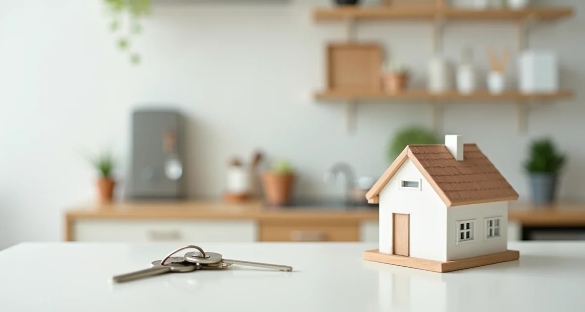 Appartamento ristrutturato con modello di casa e chiavi sul bancone pronto per la vendita