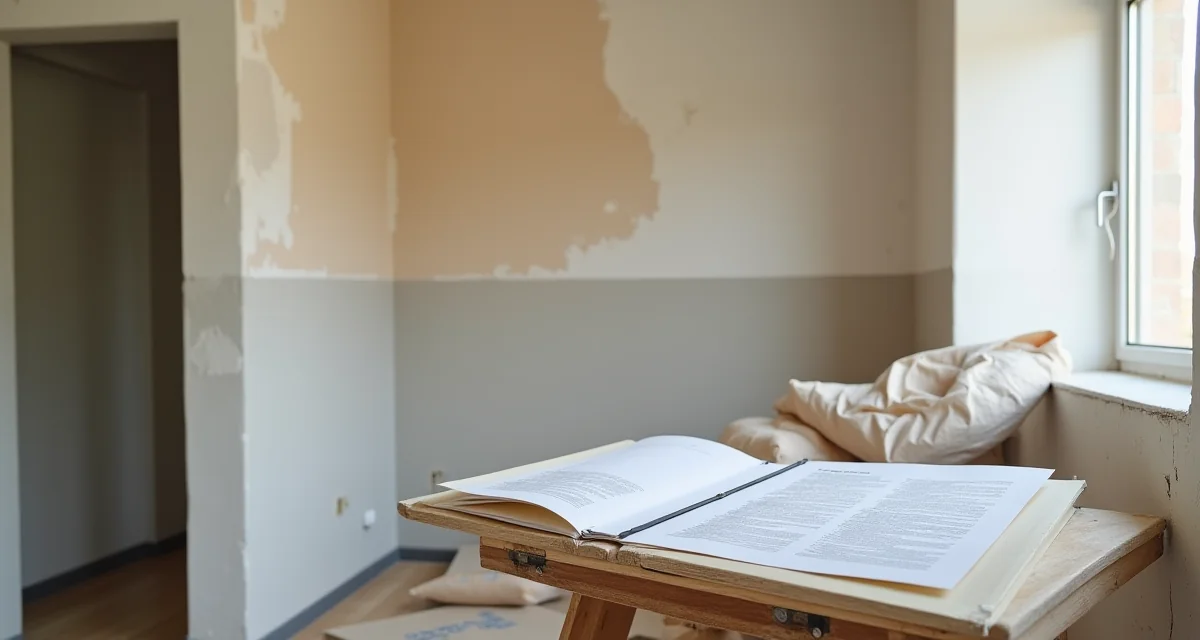 Appartamento in ristrutturazione con muri nuovi e documenti permessi su un tavolo da cantiere