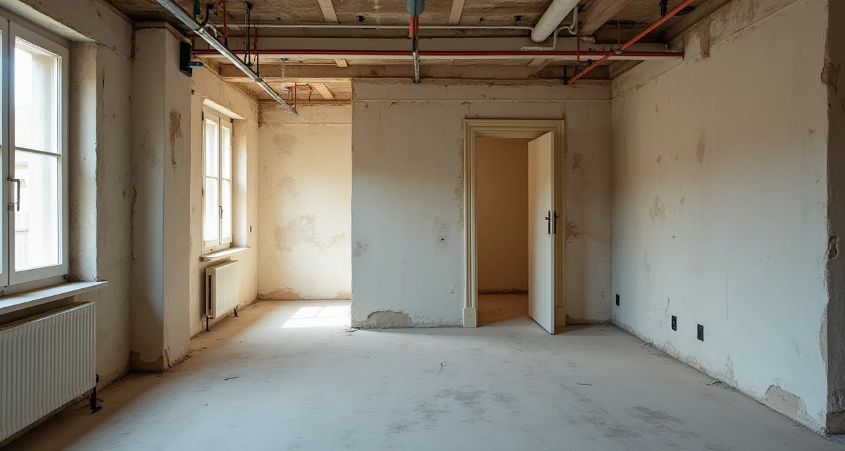 Appartamento vuoto in ristrutturazione con pareti spogliate, tubi a vista e materiali da costruzione