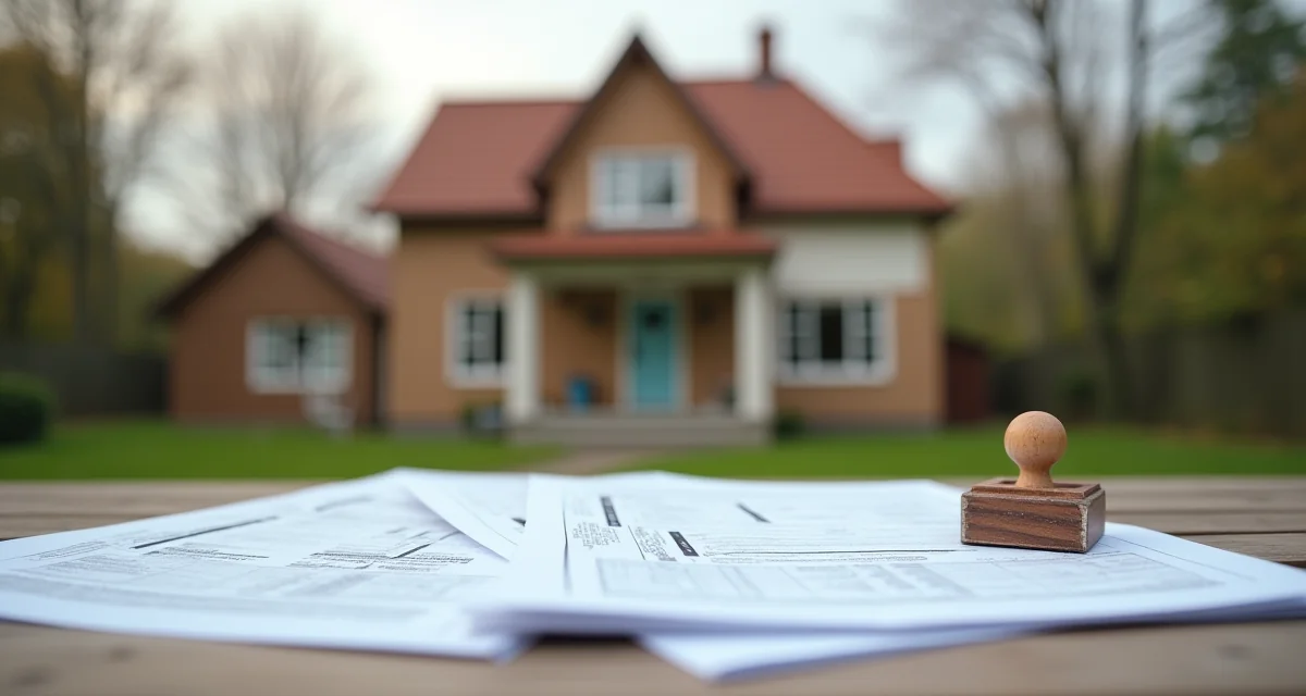 Casa con ampliamento e documenti tecnici timbrati sul tavolo per la sanatoria edilizia