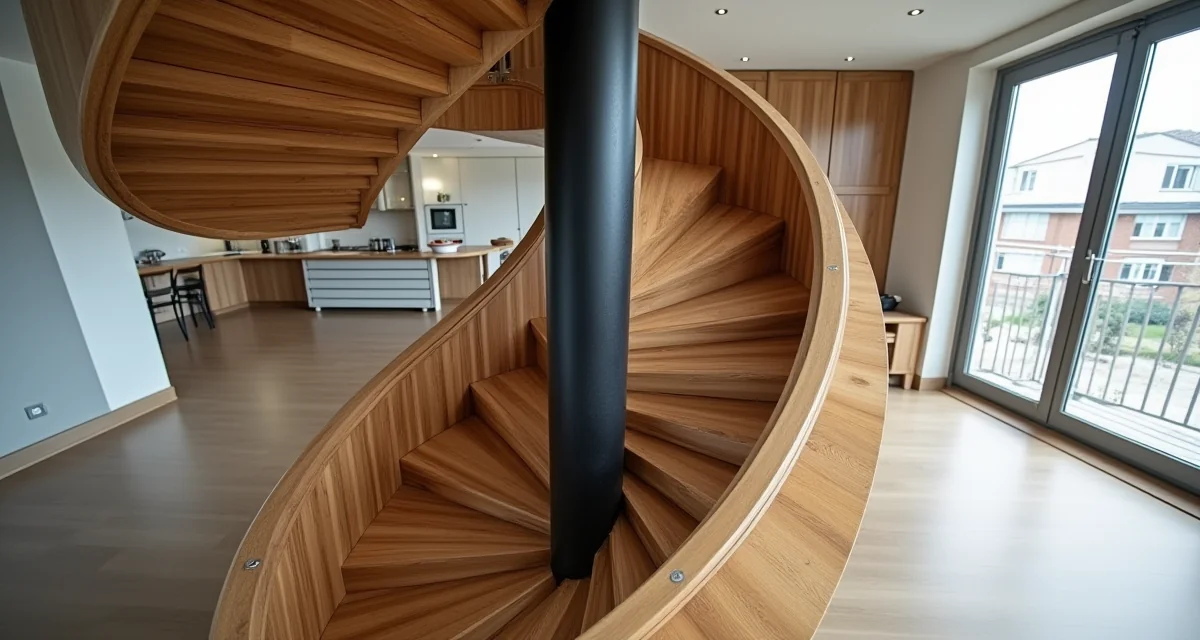 Scala a chiocciola moderna con gradini in legno e colonna centrale in acciaio nero in un loft luminoso