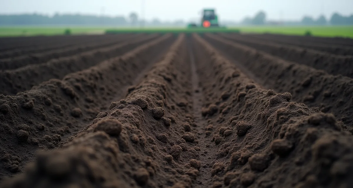 Terreno agricolo fresamente arato in profondità con grandi zolle di terra scura e tracce del trattore sotto cielo nuvoloso