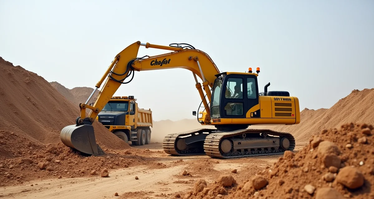 Escavatore che scava un'ampia trincea per sbancamento con camion di supporto in cantiere