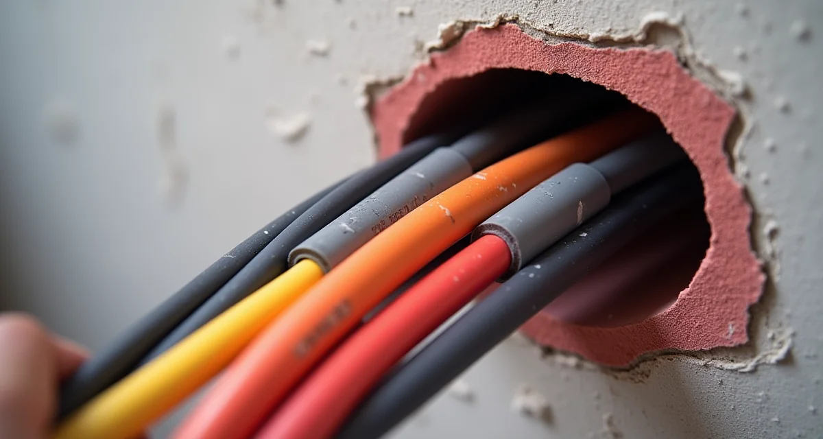 Schiuma bicomponente antifuoco grigio-rossa che sigilla un passaggio di cavi elettrici in una parete