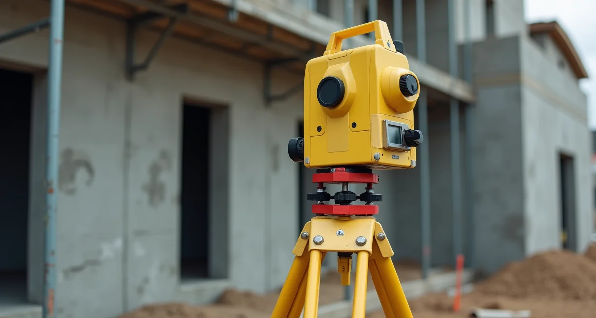 Livello ottico del geometra su treppiede davanti all'edificio in costruzione con ponteggio e muro di cemento crepato