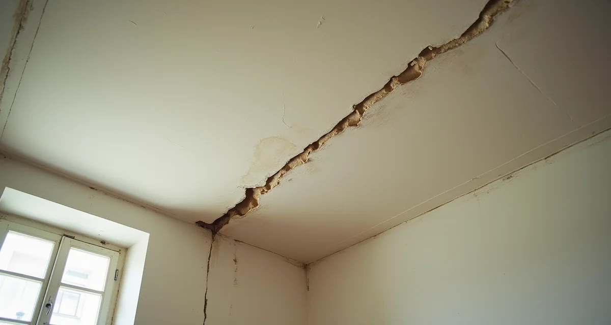 Crepa profonda nel soffitto intonacato di un appartamento con pitture scrostate e leggero cedimento strutturale