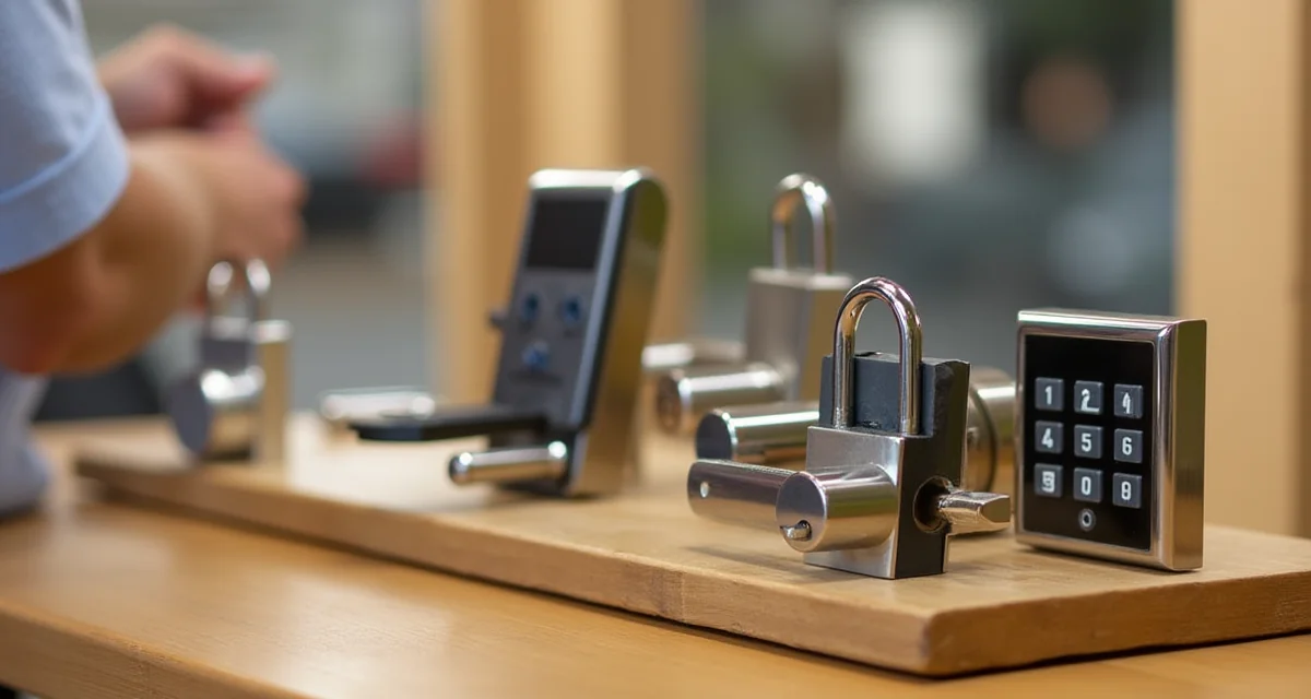 Dettaglio di sistemi di chiusura porte con serratura multipunto, cilindro, lucchetto e tastiera elettronica su legno