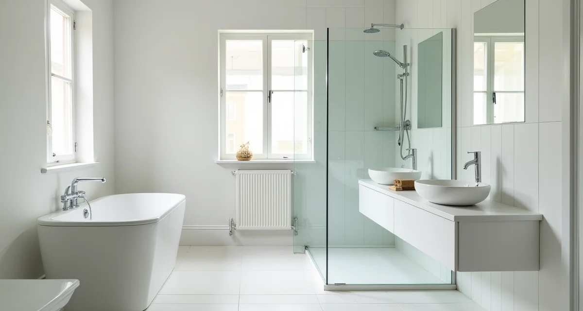Doccia walk-in in vetro sostituisce la vecchia vasca in un bagno ristrutturato con piastrelle fresche e illuminazione luminosa