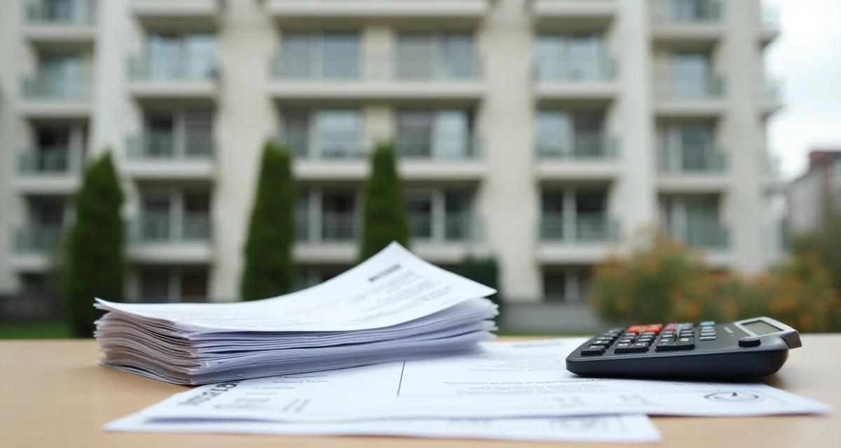 Facciata di un palazzo condominiale con bollette e calcolatrice in primo piano
