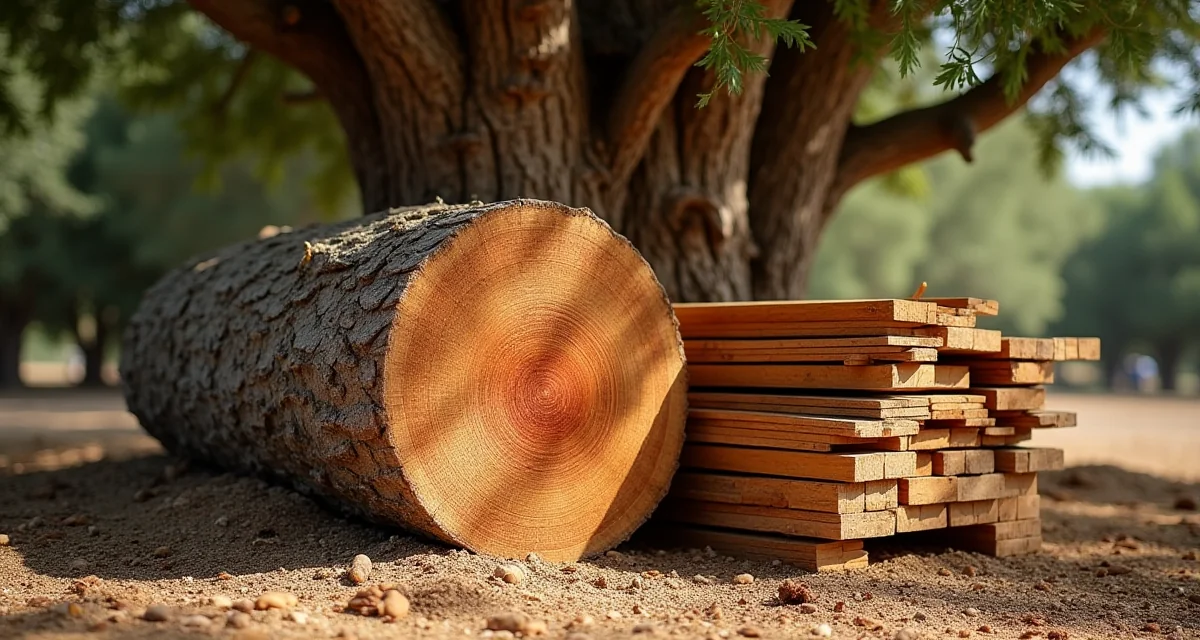 Tronco di quercia da sughero con corteccia rossastra e assi di sughero impilate sotto la luce mediterranea