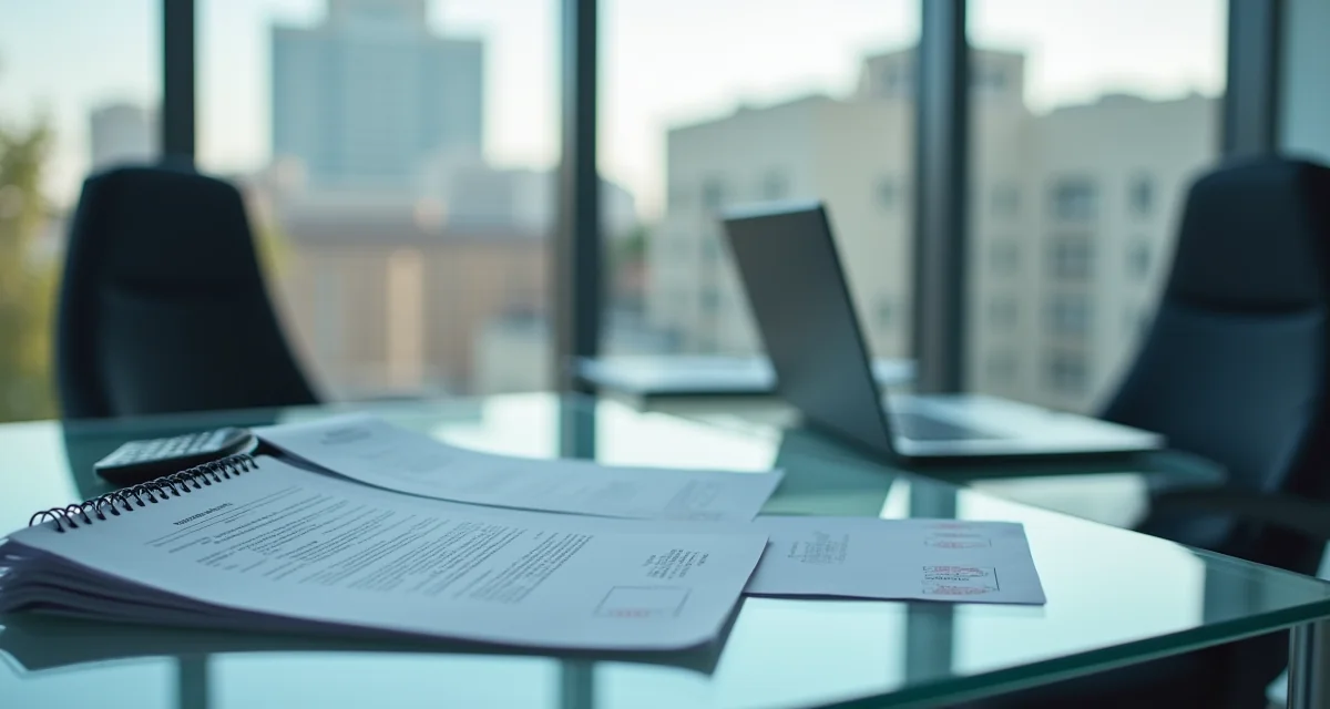 Scrivania con fascicolo di gara, calcolatrice e laptop in ufficio vetrato con vista città