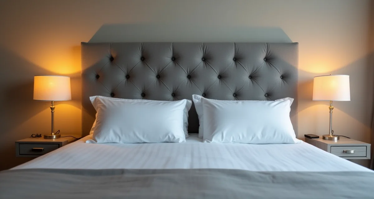 Testata imbottita rivestita in tessuto grigio installata su un letto matrimoniale con lampade da comodino