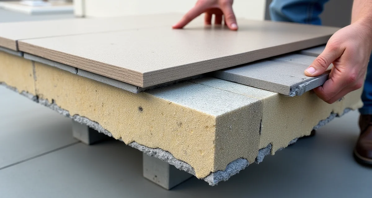 Dettaglio costruttivo di un tetto piano ventilato con isolante, intercapedine d'aria e pavimentazione su piedini