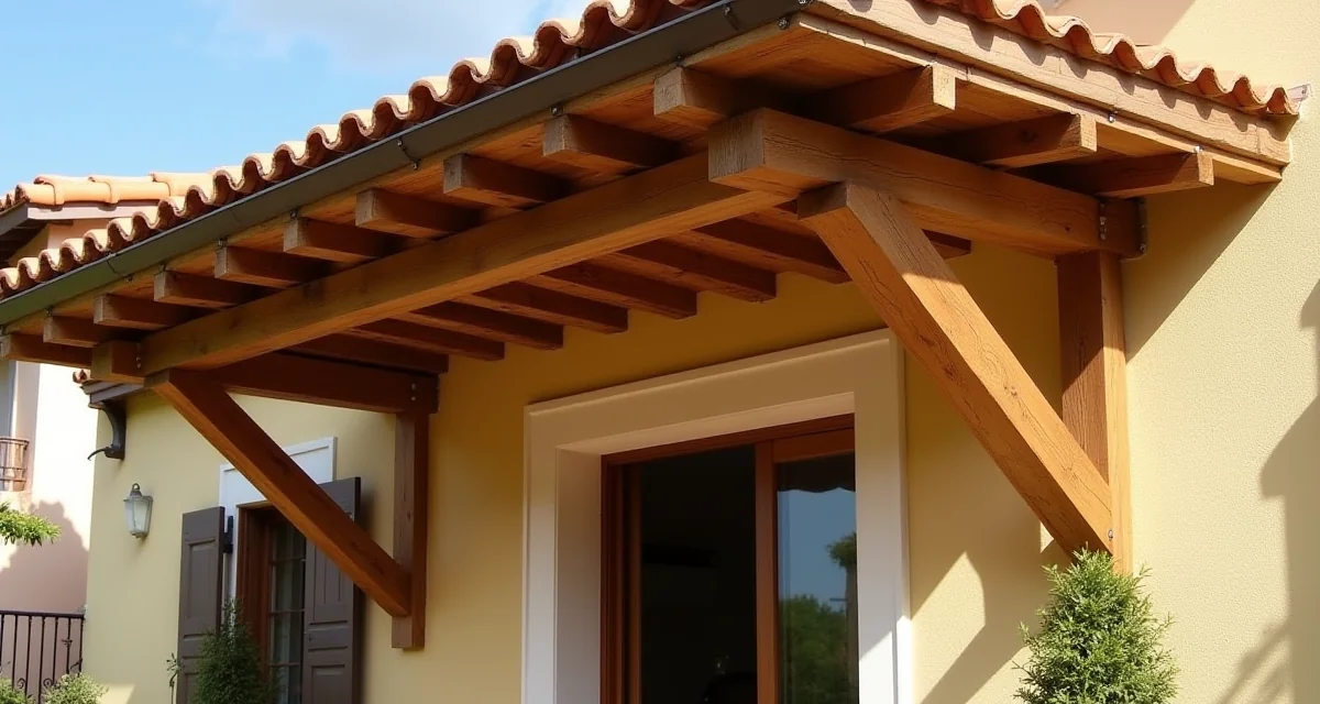 Tettoia in legno lamellare a sbalzo con travi ancorate a staffe d'acciaio e copertura in laterizio