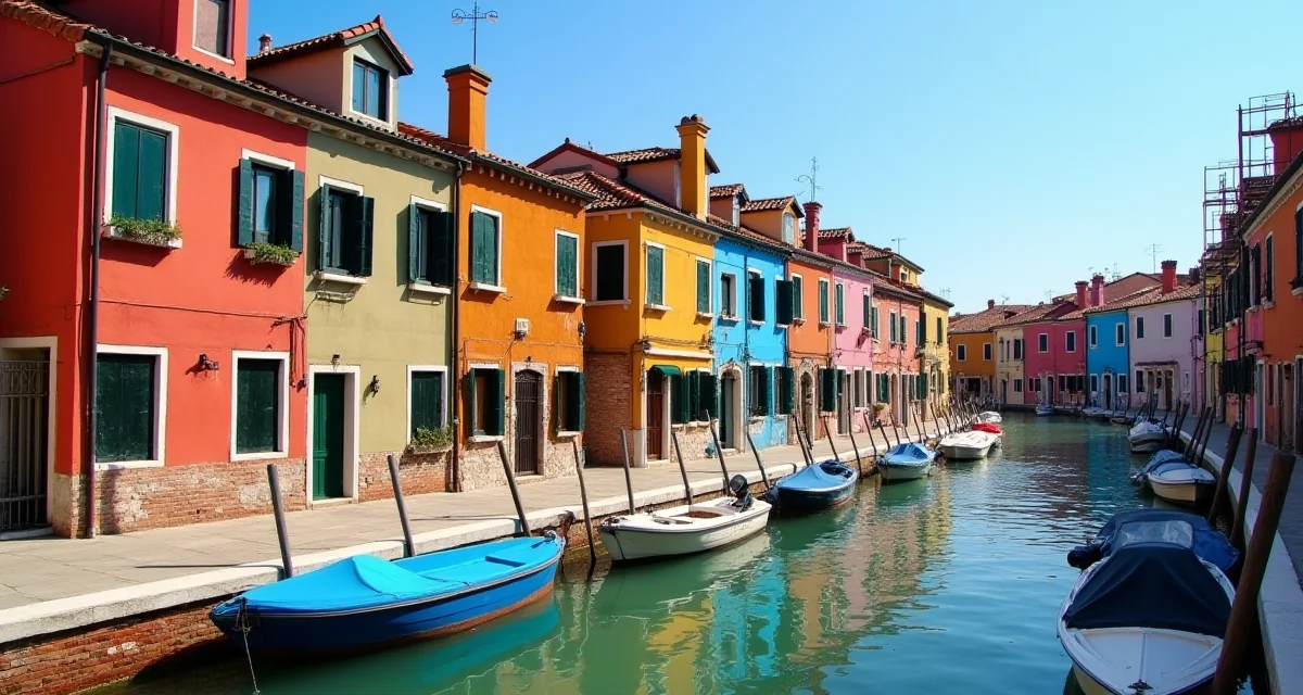 Facciate colorate di case a Murano sotto tinteggiatura con impalcatura su un canale soleggiato