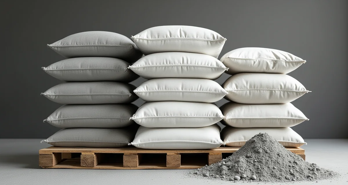 Sacchi di cemento grigio e bianco impilati su un bancale con mucchio di polvere