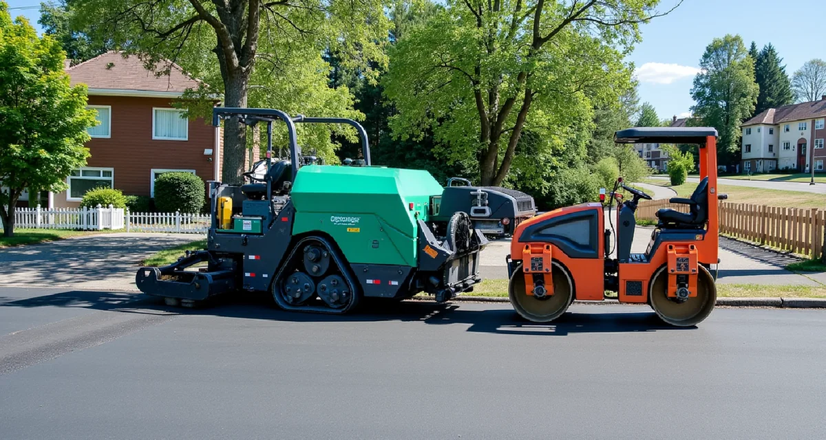 Finitrice che stende asfalto caldo su nuova strada con rullo compressore sullo sfondo