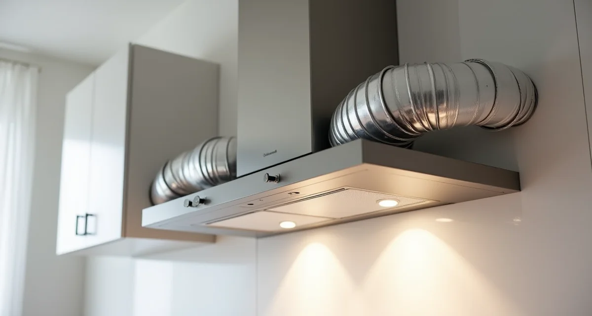 Tubazioni flessibili in alluminio e rigide in PVC collegate alla cappa cucina in acciaio inox durante i lavori di ristrutturazione