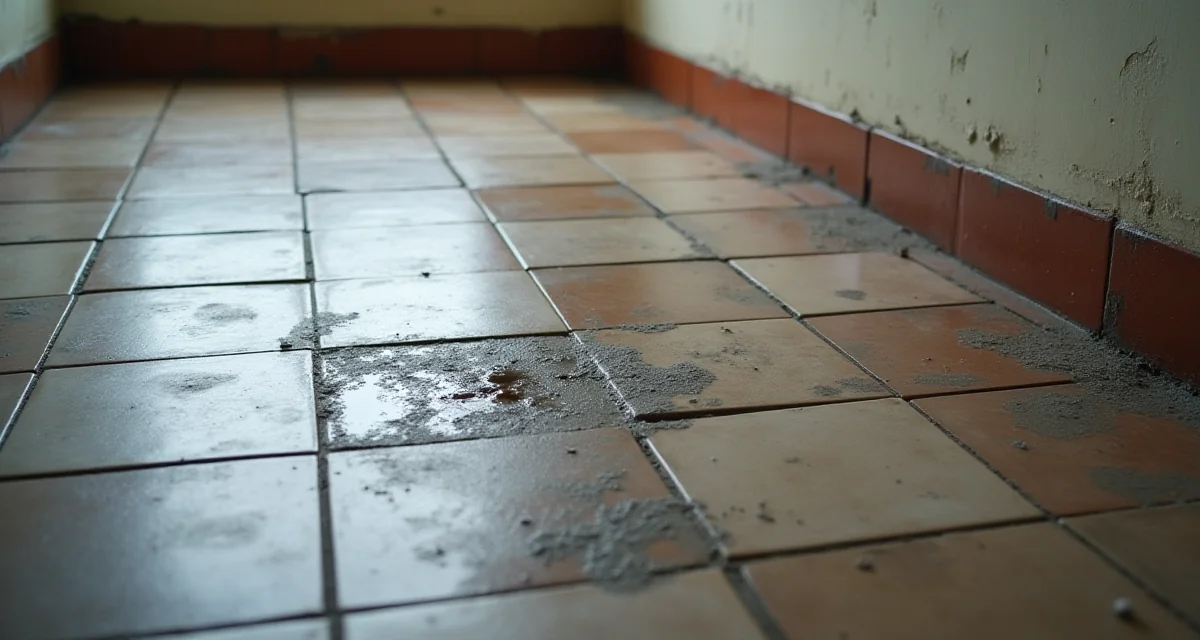 Pavimento in ceramica con macchie di umidità e piastrelle sollevate vicino al muro in una stanza al piano terra