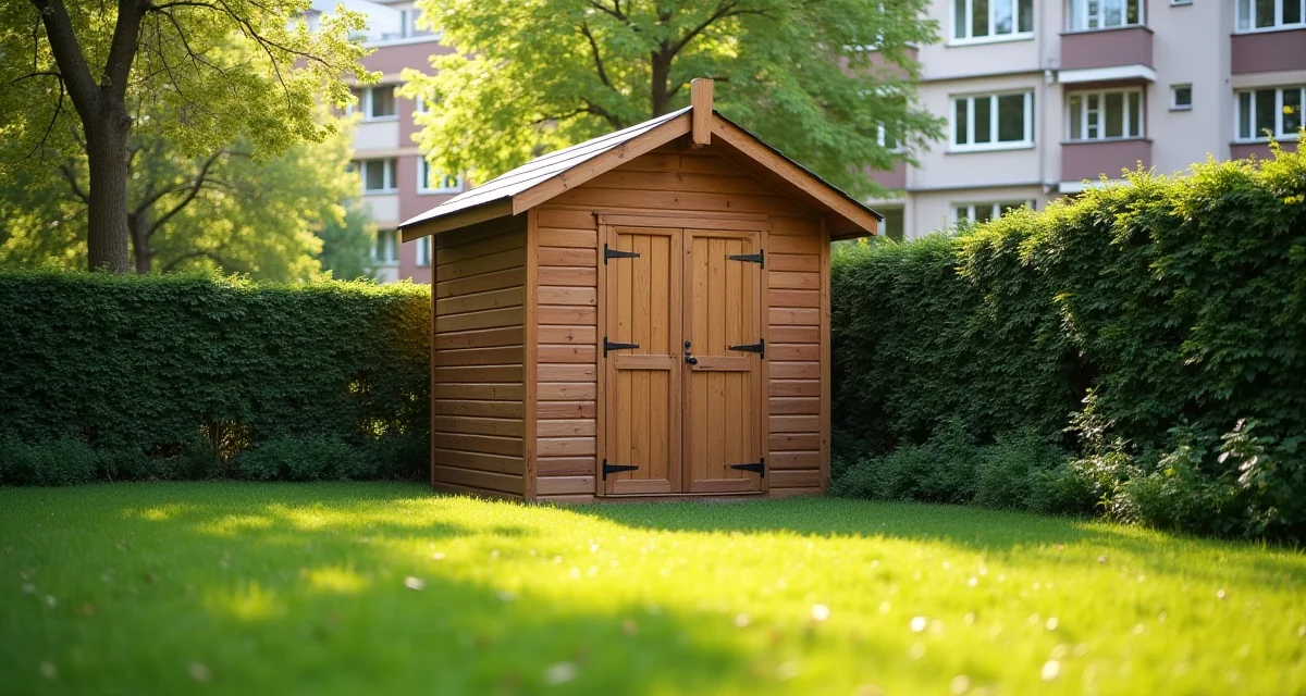 Capanno in legno per uso esclusivo nel giardino condominiale condiviso con prato e siepi