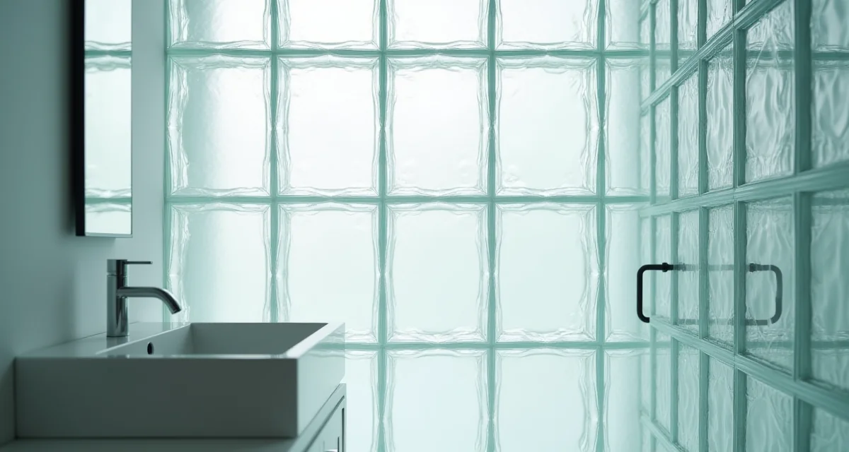 Parete interna moderna in vetrocemento trasparente che illumina un bagno con design contemporaneo e linee pulite