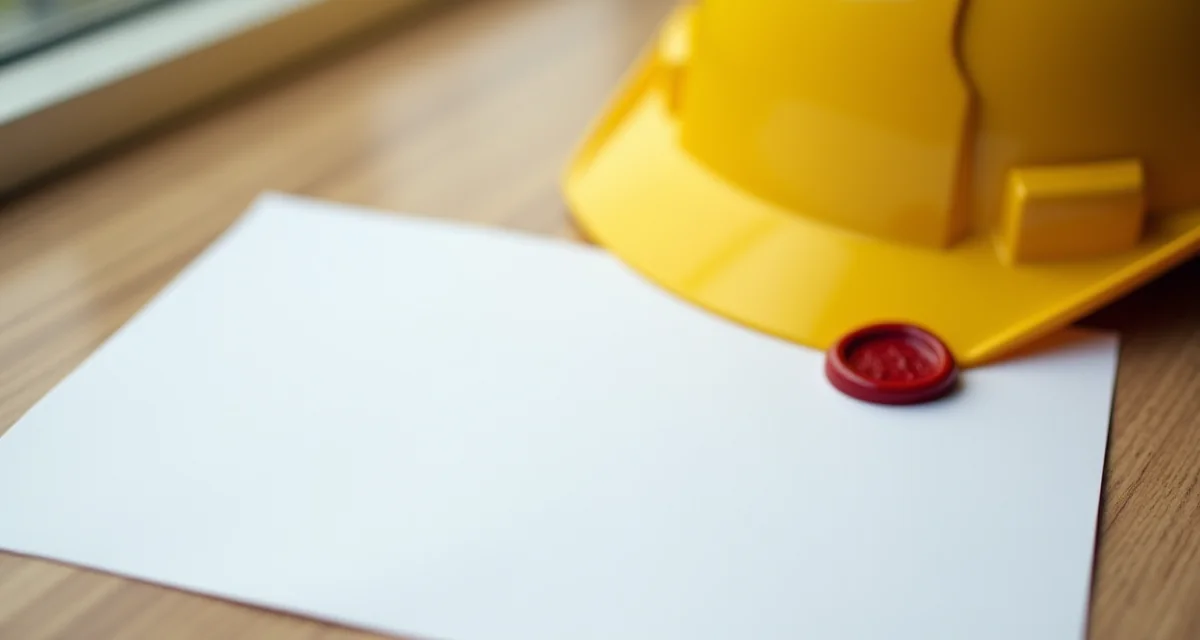 Elmetto giallo e sigillo rosso su cartellina bianca in legno per requisiti whitelist
