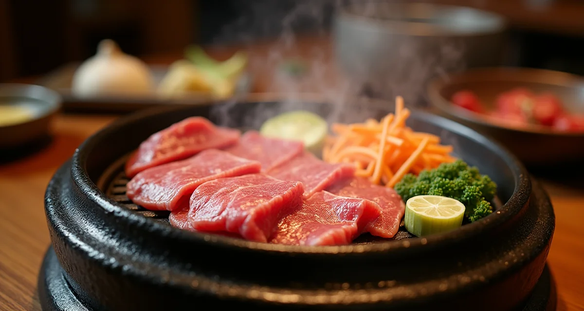 Griglia carbonella per yakiniku con fette di manzo marmorizzato e verdure in cottura su tavolo ristorante illuminato