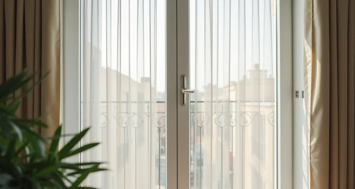 Zanzariera a soffietto parzialmente aperta su porta finestra in balcone di appartamento moderno con luce naturale