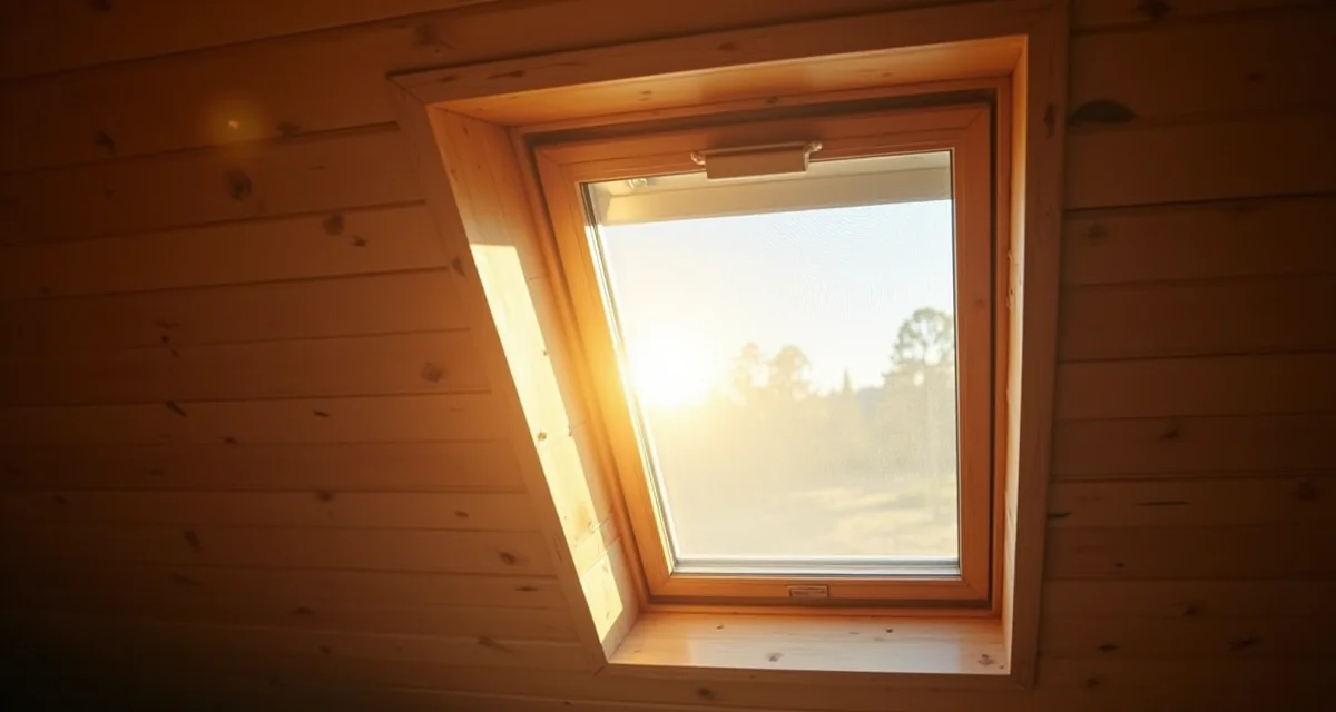 Zanzariera su finestra da tetto con telaio integrato e soffitto in legno illuminato dal sole