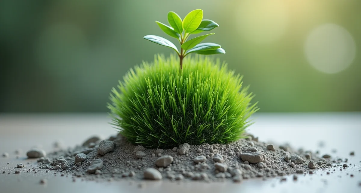 Sfera verde erbosa su polvere di cemento ZeroCAL con pianta germogliante per illustrare la sostenibilità del materiale
