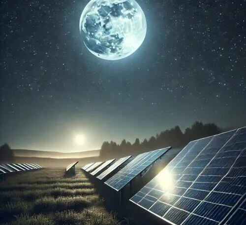Immagine che raffigura dei pannelli fotovoltaici in un campo illuminati dalla luce della luna.