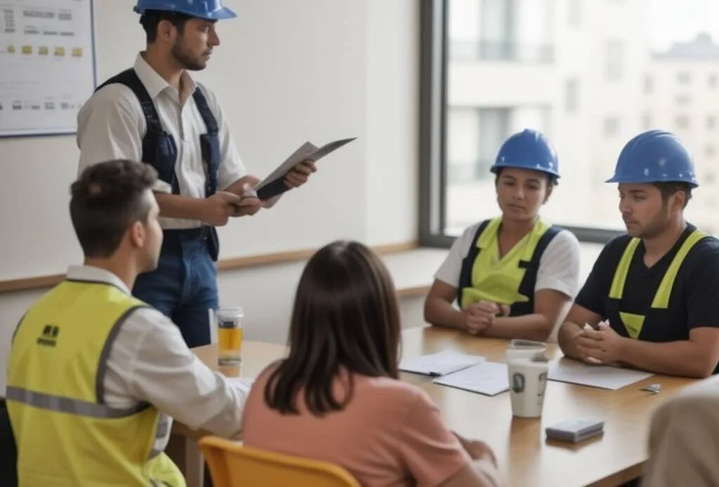 Immagine rappresentante persone sedute a tavole mentre parlano della sicurezza in cantiere